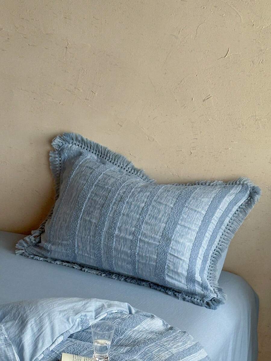 1pc Deep Blue Tufted Tassel Pillowcase, Vintage Minimalist Modern Decorative Throw Pillow Cover, All-Season Home Decor Long Pillowcase, Machine Washable, No Filling Included - Blue - View 1