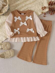2pcs Baby Girl Cute White Bow Decor Striped Long Sleeve Top & Casual Flare Pants Set, Thin Spring/Autumn - Apricot - View 1