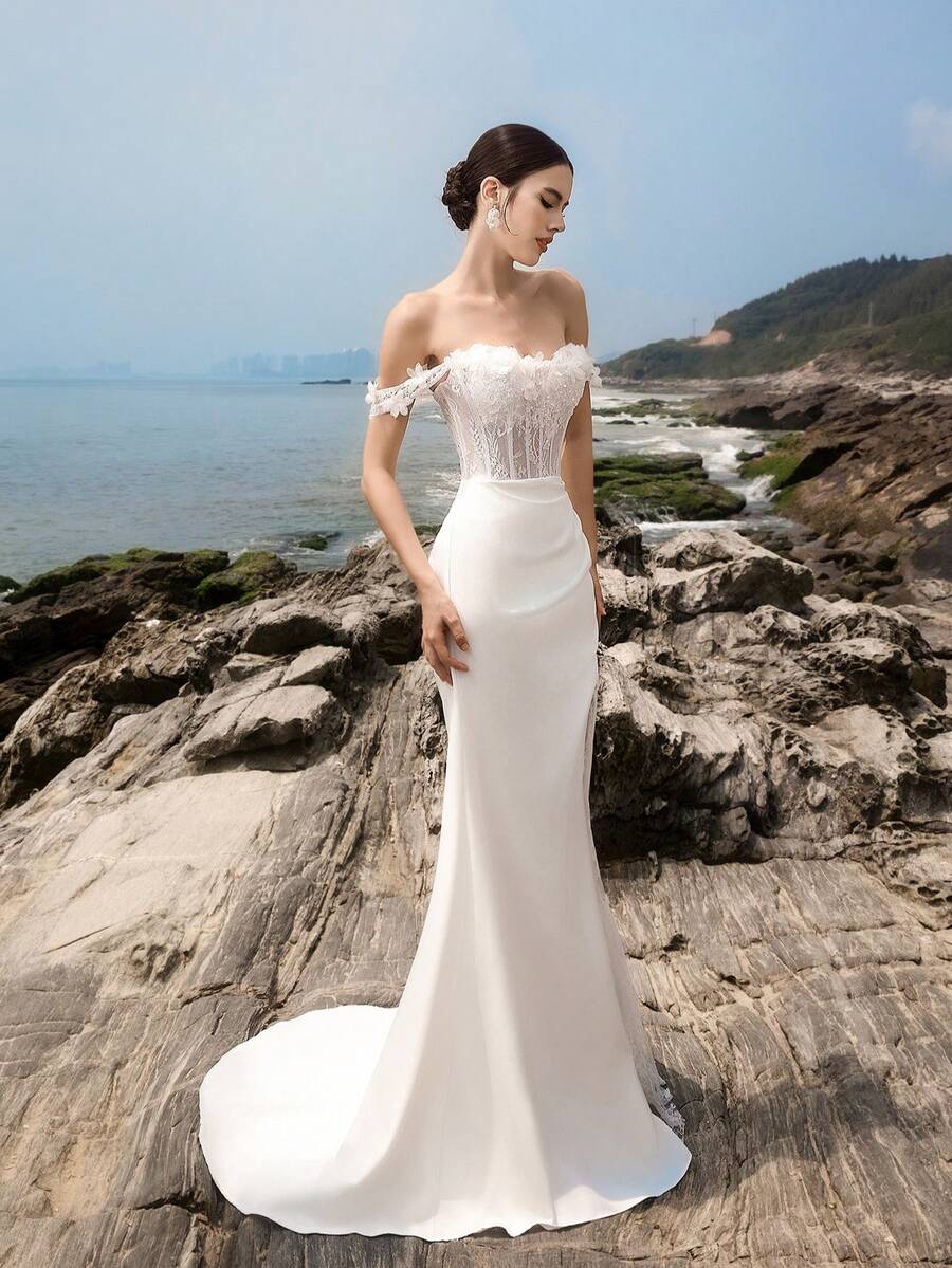 HEARBOBO 迷人白色對比蕾絲高開衩新娘婚紗禮服 秋季款