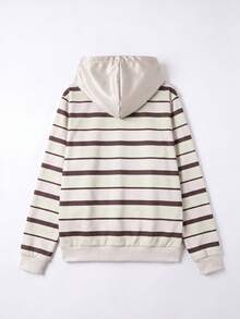 1pc Girls' Vintage Brown & White Striped Hooded Sweatshirt, Korean Style Minimalist All-Match Loose Fit Pullover Top For Tween Girl, Spring/Autumn - Apricot - View 4