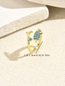 1pc Ocean Style Copper Material Full Rhinestone Dolphin Fish Tail Open Ring, Summer Party Beach Vacation Travel Holiday Gift Jewelry - Gold - View 6