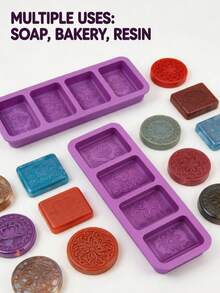 Exquisite Embossed Pattern 4-Piece Silicone Mold Set With Square And Round Dual Styles, Includes Dropper, Purple, Heat-Resistant, Easy To Clean, Large Capacity, Suitable For Handmade Soap, Aromatherapy Candles, Multi-Functional Home Decor Crafting - Multiple Styles - View 5
