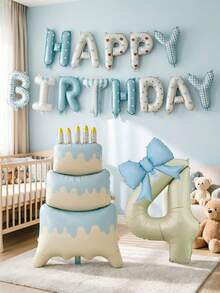 16件組生日氣球套裝，16英吋生日快樂字母氣球、60英吋立式蛋糕鋁箔氣球、40英吋奶油色0-9數字鋁箔氣球、藍色蝴蝶結氣球，適用於生日派對、嬰兒洗禮裝飾 - 淺藍色 - 查看 4