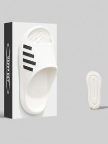 Black & White Minimalist Men's Casual Summer Open Toe Slippers, EVA Soft Sole Cloud-Feel Bathroom Slides - White - View 7