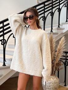 Senya 2026 Women's Loose Silhouette Chenille Knit Sweater, Beige Round Neck Long Sleeve Oversized Pullover, Comfortable Minimalist Casual Autumn/Winter Knit Dress - Apricot - View 2