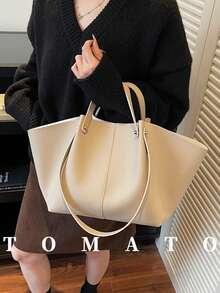 1pc Fashion Versatile Women's Shoulder Bag, PU Material Solid Color Retro Tote Bag, With Inner Pouch Design, Large Capacity Casual Trapezoid Bag, Suitable For Young Women - Outings, Shopping, Classroom, Dates, Ladies Gifts, Office, Work, Travel - Beige - View 2