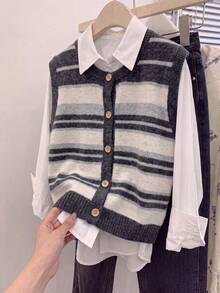 JIANHU Autumn/Winter Striped Knit Vest, Women's Comfortable Fuzzy Sweater Vest, Button Front, Casual Layering Fall - Dark Gray - View 1