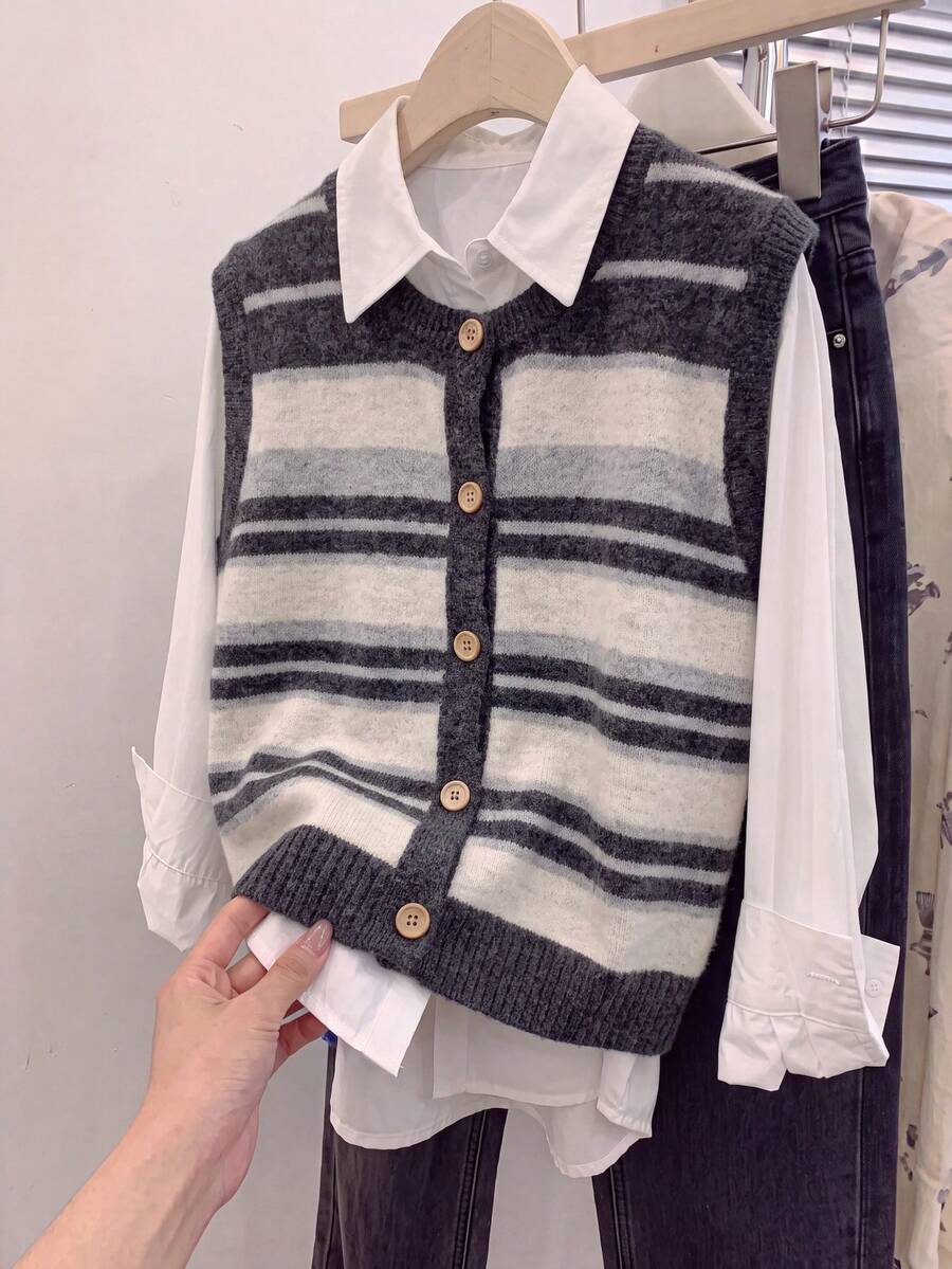 JIANHU Autumn/Winter Striped Knit Vest, Women's Comfortable Fuzzy Sweater Vest, Button Front, Casual Layering Fall - Dark Gray - View 1