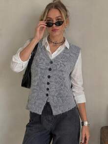 Wixra Women's V‑Neck Button Front Sleeveless Knit Vest Cardigan, Fuzzy Loose Fit Knit Waistcoat - Grey - View 5