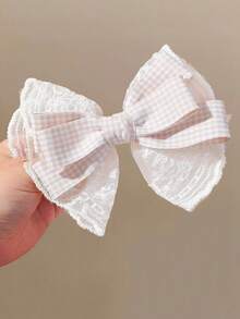 2pcs Girls Beige Fabric Double Layer Lace Plaid Bow Ribbon Hair Clips Hair Accessories Head Clips Back Of Head Clips Side Clips Alligator Hair Clips For Daily Use - Apricot - View 3