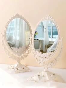 Vintage Oval Desktop Makeup Mirror, White Carved Decorative Vanity Mirror, 360° Rotating Double-Sided Tabletop Makeup Mirror, Suitable For Bedroom Vanity, Bathroom Decor - Apricot - View 2
