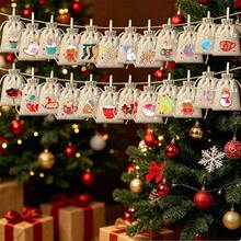 CARRIECUR 24Pcs Christmas Advent Calendar Bags, Simple Color Block Xmas Elements Linen Drawstring Gift Pouches With Number Print, Wooden Clothespins & Jute Twine, DIY Xmas Countdown Candy Treat Gift Sacks - View 11