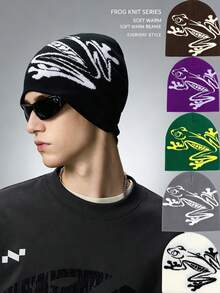 1pc Hip-Hop Color Block Frog Knitted Hat, Unisex Personalized Street Style Beanie, Men's Brimless Warm Knit Cap, Women's Fashion Street Hip-Hop Skateboard Beanie, Halloween Gift Recommendation, Christmas Holiday Party Product - Frog Style - View 3