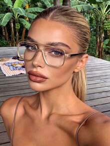 1 Pair Women's Aviator Metal Gold Frame Fashionable Non-Prescription Glasses Suitable For Campus, Work And Daily Wear - Jin Ping - View 3