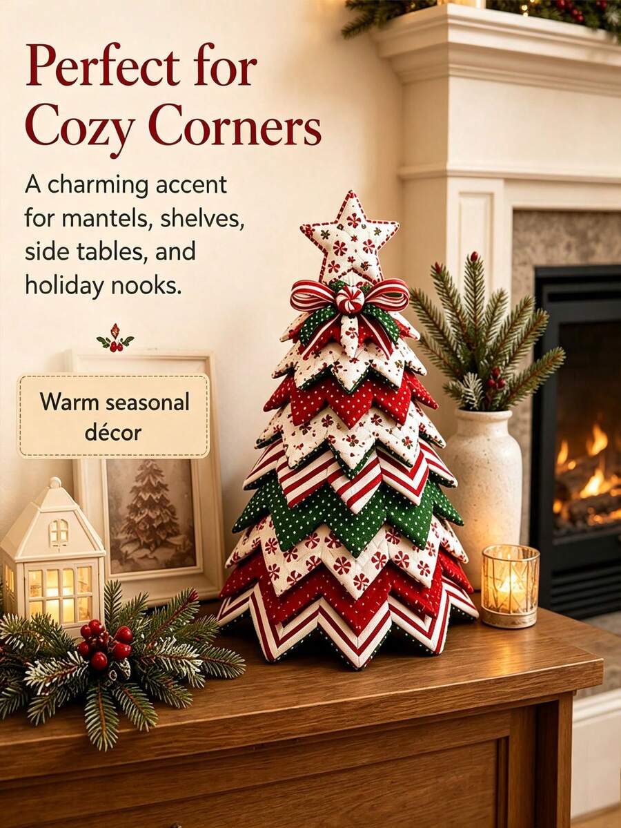1pc Christmas Tree Fabric Patchwork DIY Kit, Layered Patchwork Desktop Holiday Tree Making Tool Set, Rustic Style Christmas Tabletop Decor, Handmade Material Creative Christmas Gift