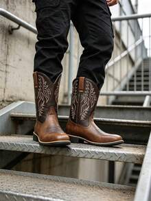 Striped Western Style Faux Leather Textured Western Boots, Outdoor Wear For Men, All Season - Brown - View 4