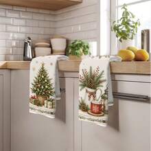 2PCS Kitchen Towels, Vintage Christmas Tree & Berry Pattern Dish Cloths, 40*60cm Rectangular Microfiber Cleaning Towels, Perfect For Kitchen, Dining Room & Bathroom Use, Kitchen Decor, Home Decoration, Housewarming Gift For Neighbors, Scouring Pads - Multicolor - View 9