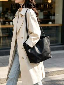 Minimalist Large Capacity Tote Bag With Soft Nylon Material, Gentle Contrast Color Lining Design, Can Store Books And Laptop, Versatile Commuter Shoulder Bag For Girls - Black - View 4