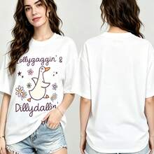 Women's Summer Short-Sleeve T-Shirt, Oversized, With Floral And Duck Graphic Print, Premium Batik Cotton, Retro Style, Dropped Shoulders, Casual. - 白色 - 查看 1