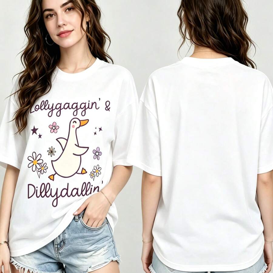 Women's Summer Short-Sleeve T-Shirt, Oversized, With Floral And Duck Graphic Print, Premium Batik Cotton, Retro Style, Dropped Shoulders, Casual. - 白色 - 查看 1