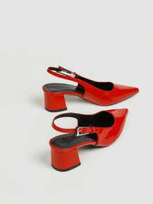 Fashionable Pointed Toe Chunky Heel Shoes With Back Strap, Women's Ankle Buckle Dress Pumps, Suitable For Evening Party And Daily Wear - Red - View 4