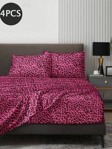 Set Perlengkapan Tidur 4 Potong Motif Leopard Merah Muda Tua, Termasuk 1 Sprei Fitted, 1 Sprei Datar, 2 Sarung Bantal (Isi Bantal Tidak Termasuk). Cocok untuk Ukuran King, Queen, Full, Twin, Ketebalan Kasur Hingga 11,8 Inci. Lembut, Bernapas, Tahan Kerut. - Hot Pink - View 2