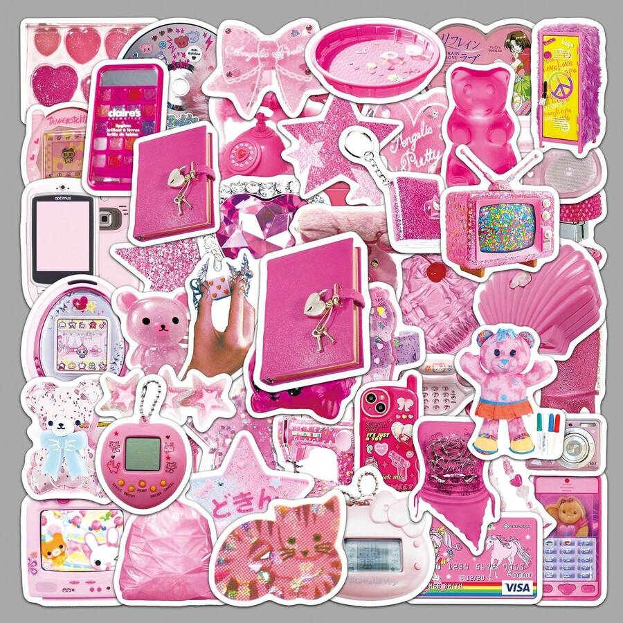 50pcs Pink Y2K Graffiti Stickers, Fresh Girl Style, Ins Style, Decorative Stickers For Phone Case, Notebook, Guitar - Multicolor - View 1
