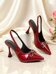 1 Pair Hot Red Pointed Toe High Heel Shoes, Shiny PU Material, Metal Horse Bit Buckle Decor, Closed Toe Back Strap Slip-On Design, Luxury Party Style, Suitable For Dating, Evening Dinner, Party, Daily Commute, Travel And Outdoor Wear - Rouge Casaque - View 2