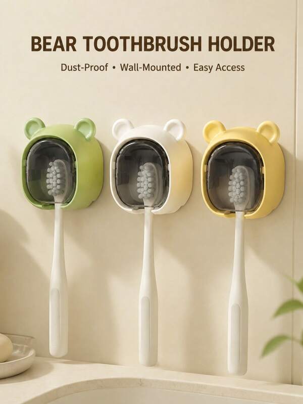 1pc Mini No-Drill Plastic Toothbrush Holder/Storage, Simple Bear Design Green/White/Yellow 3 Colors With Dust-Proof Flip Cover And Ventilated Drainage Toothbrush Storage Box, Suitable For Bathroom, Washroom And Daily Home Storage