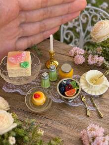 Miniature Peach Cake Model Afternoon Tea Decor, Includes Mini Dessert Fruit Plate, Tableware, Candle Holder And Other Dollhouse Restaurant Scene Decoration Accessories - one-size - View 5