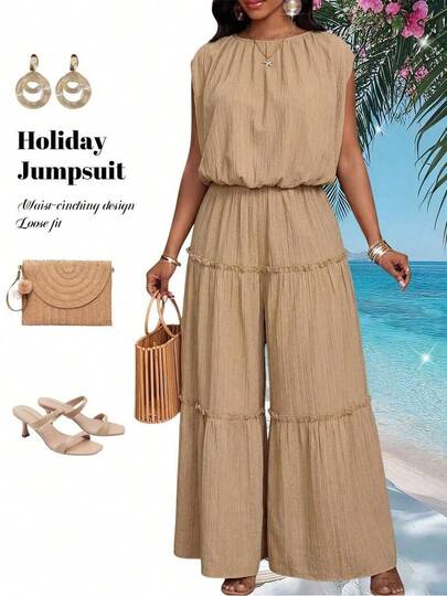 Mono de mujer talla grande color caqui estilo boho de verano para playa y vacaciones, elegante tejido texturizado con cuello redondo, sin mangas, color liso, pierna ancha, atuendo casual