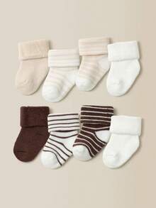 8 Pairs Cute Baby Striped Mid-Calf Socks, Soft And Comfortable Terry Socks For Toddlers Home Wear - Multicolor - View 2
