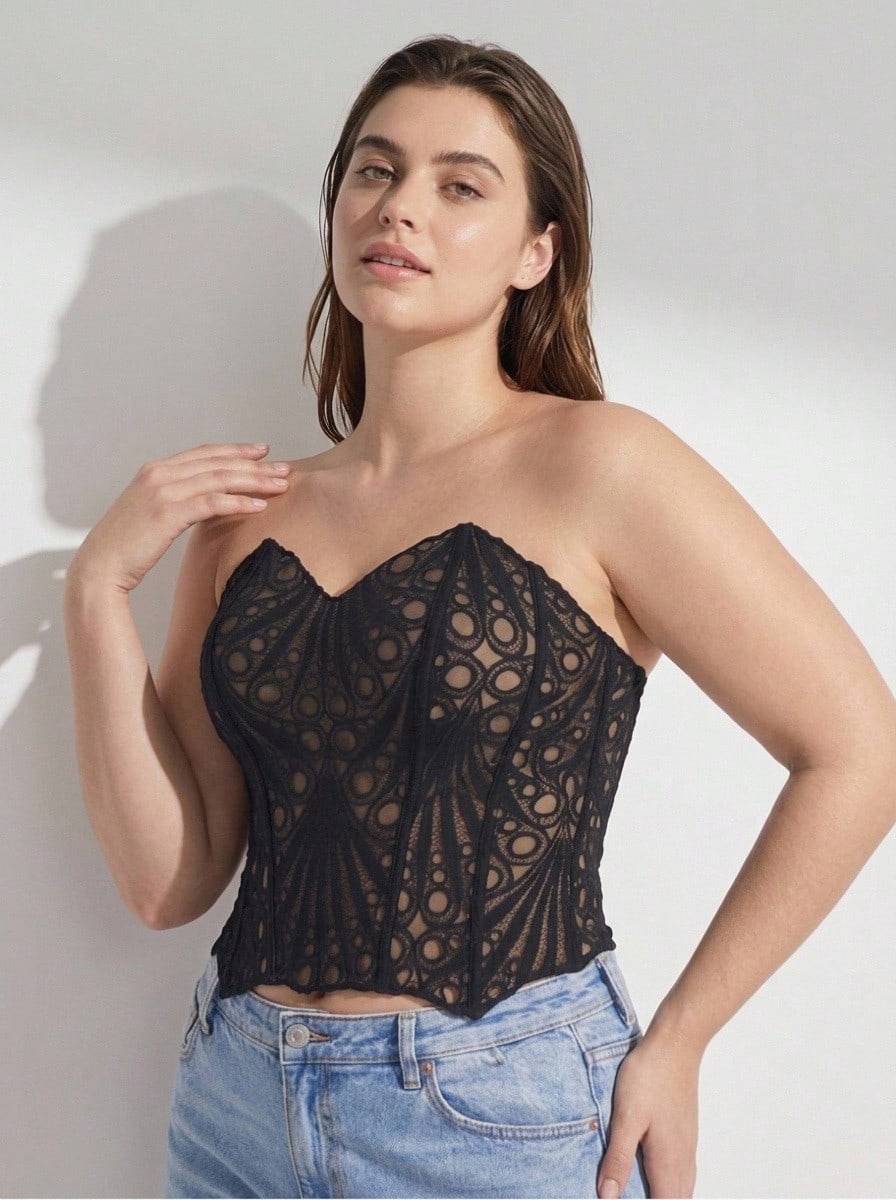 Rosiemei Sexy Style Lace Corset Sheer Boned Waist Cincher Sexy Plus Size Tight Bustier - Black - View 1