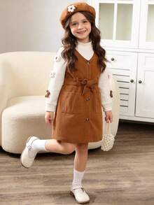 4pcs Girls Autumn Maillard Color New Cute 3D Flower Decor Long Sleeve Small Stand Collar Apricot T-Shirt Top And Corduroy Button Full Front Opening V-Neck Sleeveless Vest Dress And Brown Hat And Belt Back To School - Brown - View 2