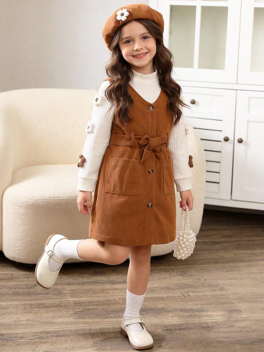 4pcs Girls Autumn Maillard Color New Cute 3D Flower Decor Long Sleeve Small Stand Collar Apricot T-Shirt Top And Corduroy Button Full Front Opening V-Neck Sleeveless Vest Dress And Brown Hat And Belt Back To School