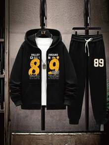 Men's Plus Size Autumn/Winter Creative 89 English Graphic Print Casual Hoodie Sweatshirt + Casual Sweatpants Set - Black - View 1