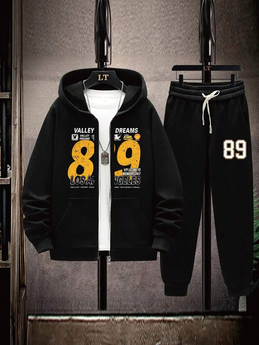 Men's Plus Size Autumn/Winter Creative 89 English Graphic Print Casual Hoodie Sweatshirt + Casual Sweatpants Set - Black - View 1