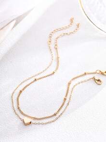 Nooxian 2pcs/Set Minimalist Vacation Style Heart Double Layer Stackable Chain Anklet Set For Women - Yellow Gold - View 5