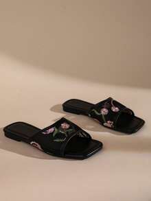 French Embroidery Lace Ruffle Square Toe Flat Slide Sandals For Women, Fairy Style - Black - View 2