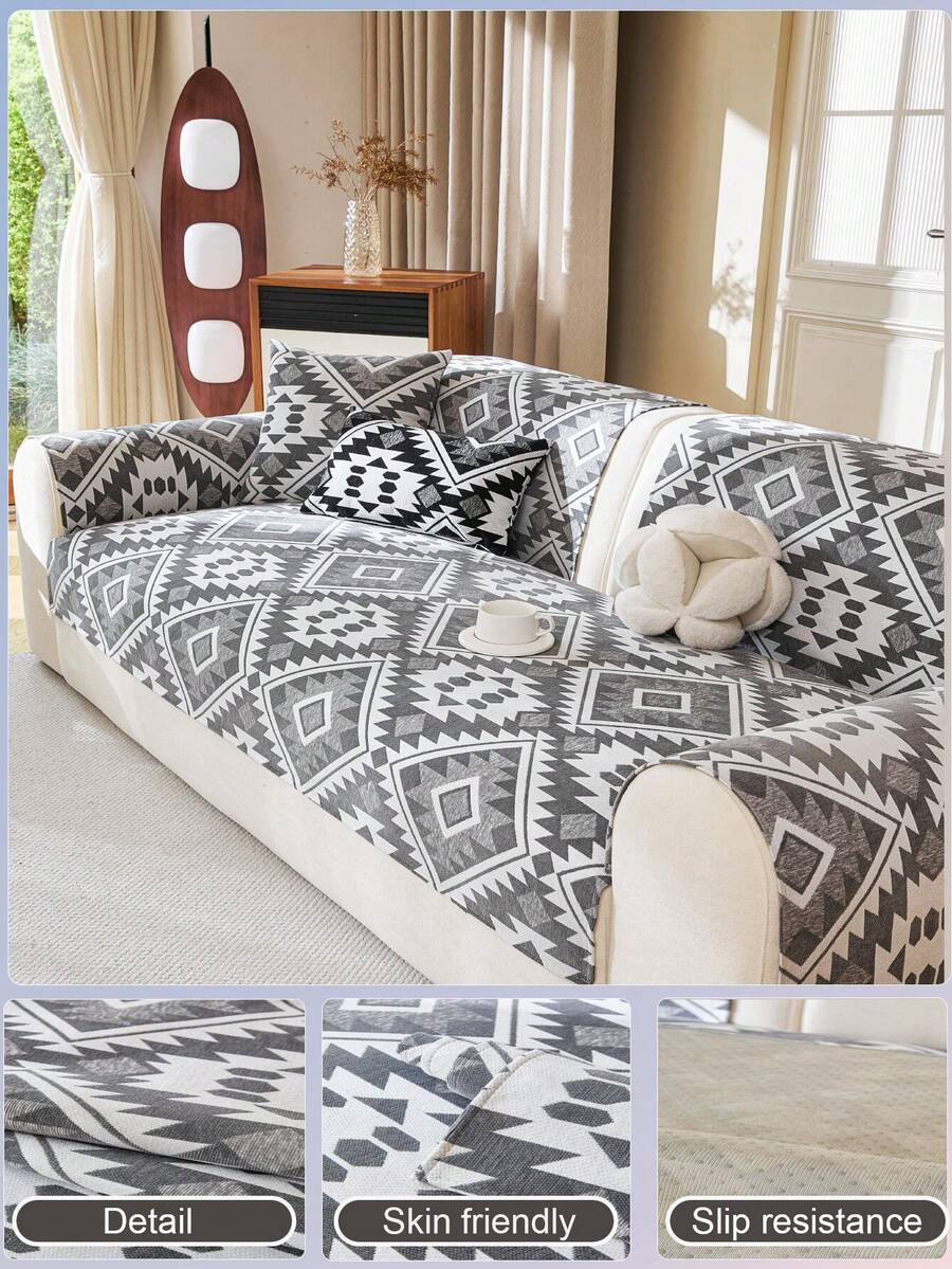 1pc Bohemian Style New All-Season Sofa Cushion, Straight-Line Anti-Scratch Leather Sofa Cover - Grey - View 1