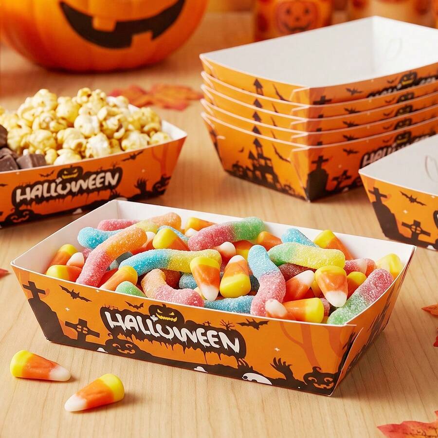 12/24pcs Halloween Disposable Paper Trays, Pumpkin Pattern Serving Trays, Dessert Boxes, Snack Boxes, Halloween Party Tableware, Suitable For Snacks, Candy, Halloween Use - Easy Folding Assembly - Multicolor - View 1