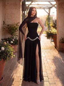 ADYCE Elegant Strapless Cinched Waist Backless Fitted Rhinestone High Slit Floor-Length Evening Gown, Birthday Party Ball Homecoming Wedding Guest Formal Dinner New Year Dress - Black - View 1