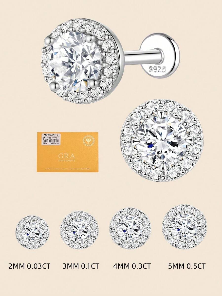1pc Moissanite Stud Earrings For Women And Men, 0.03-0.5CT, 18K White Gold Plated S925 Sterling Silver, Hypoallergenic Exquisite Diamond Decor Earrings