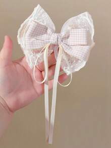 2pcs Girls Beige Fabric Double Layer Lace Plaid Bow Ribbon Hair Clips Hair Accessories Head Clips Back Of Head Clips Side Clips Alligator Hair Clips For Daily Use - Apricot - View 2