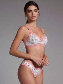 1 Set, 2pcs Women's Sexy Romantic Polka Dot Patchwork Lace Trim Wireless Comfortable V-Neck Back Closure Bra And Panty Set - White - View 3