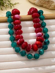 OABE Set Kalung Manik-Manik Bertingkat Gaya Bohemian 2pcs/Set dengan Blok Warna Merah & Hijau, Cocok untuk Pemakaian Sehari-hari Wanita - MultiWarna - View 6