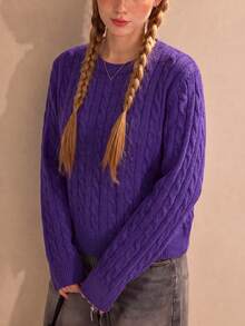 Vintage Preppy Style Women's Pullover Knit Sweater, Long Sleeve Regular Fit Knit Top, Slightly Elastic - Purple - View 3