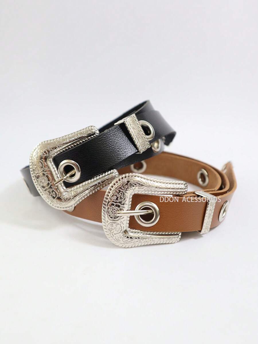 2.5CM Women's Belt With Metal Eyelets Boho Summer Gift - 黑色+棕色 - 查看 1