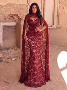 Faeriesty Women's Charming Strapless Mermaid Long Lace Formal Dress, Pearl Embellished Backless Design, Suitable For Prom And Evening Party - Burgundy - View 1