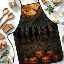 1pc Halloween Cats & Bats Print Apron, Featuring Full Moon, Cats Sitting On Wooden Fence, And Spider Web Pattern, Durable Cooking Apron Suitable For Bakers, Cake Decorators, Pet Groomers, Painters, Nail Artists - Personalized Gift For Home And Professional Chefs - Multicolor - View 3